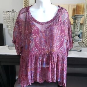 Free People Paisley Sheer Blouse - Burgundy